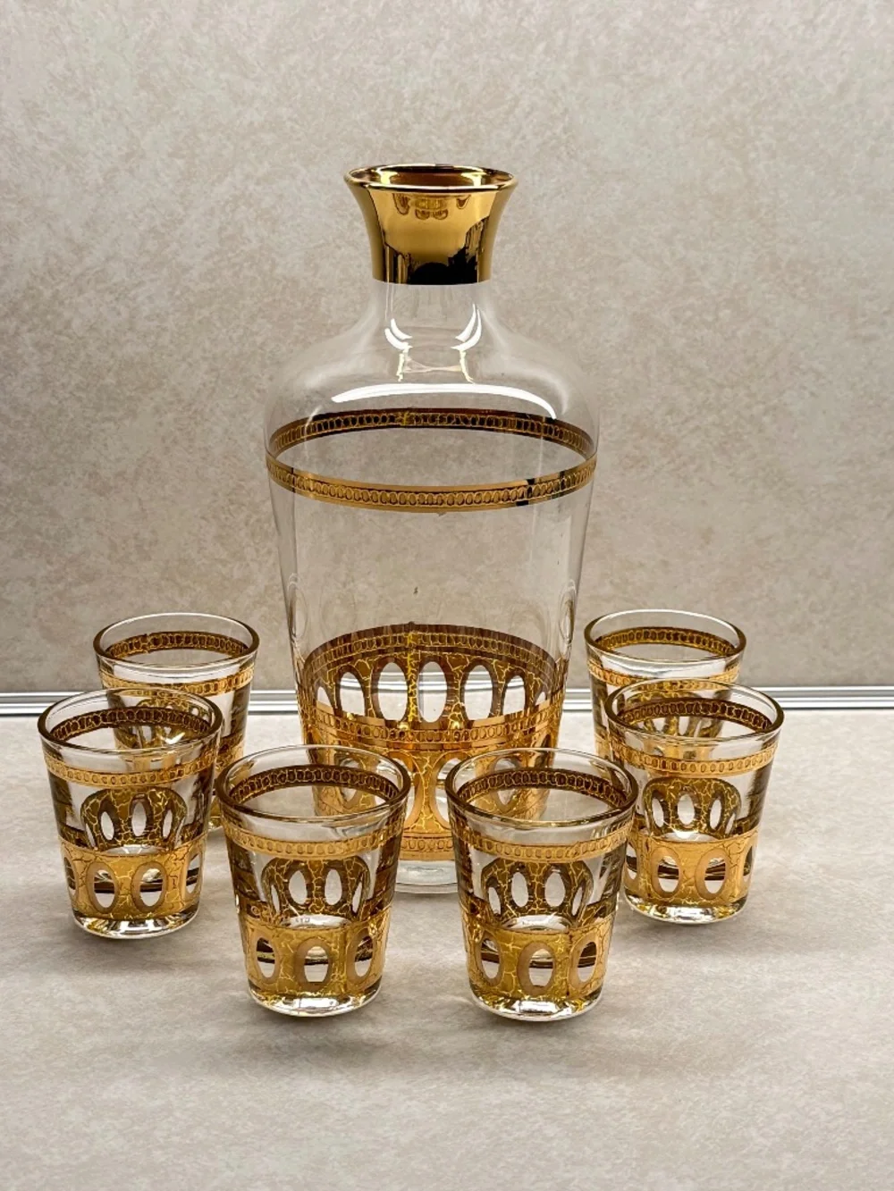 Culver Inc Antigua Carafe and Glasses Set (7) 22K Gold Mid Century